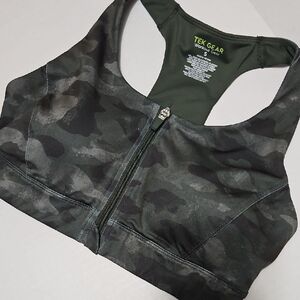 Tek Gear Women's Front-Zip Camo Sports Bra in Dark Green/Black Size S